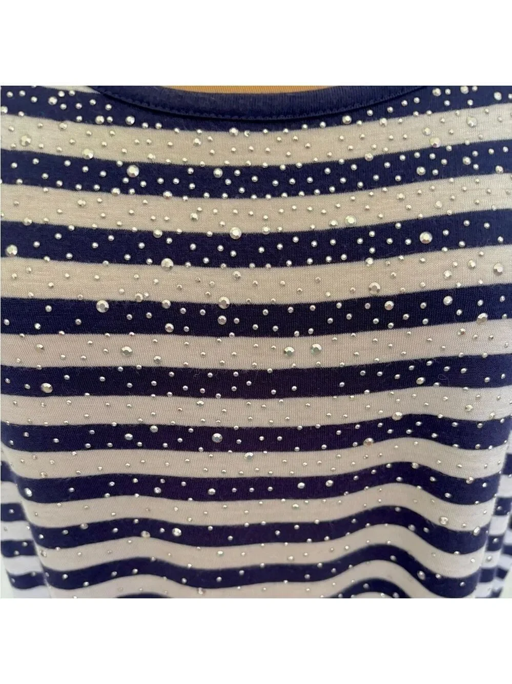 Liz Claiborne Navy & White Striped Sparkle Top XL – Short Sleeve Crew Neck